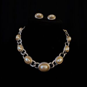 Vintage Monet Textured Silver, Gold And Faux Pearl Necklace And Earrings Set